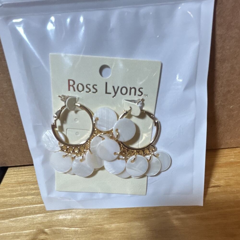 Ross Lyons Gold Tone White Statement Hoop Dangle Drop Earrings Latch Back